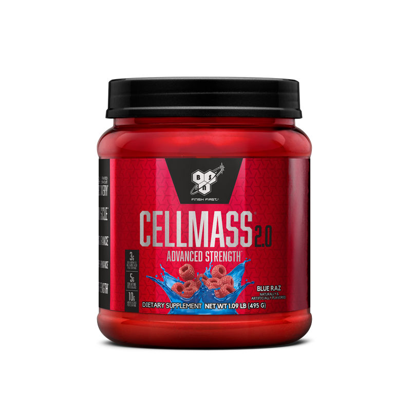 BSN Cellmass 2.0 Advanced Strength, 1.09 lb container, Blue Raz flavor, dietary supplement.