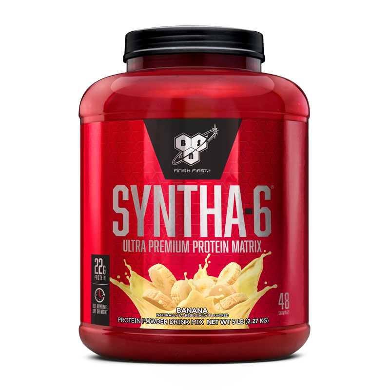 BSN Syntha-6 protein powder, banana flavor, 5 lb container.