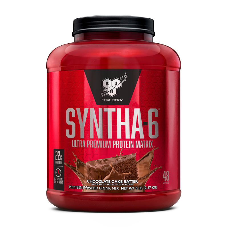 BSN Syntha-6 protein powder, chocolate cake batter flavor, 5 lb container.