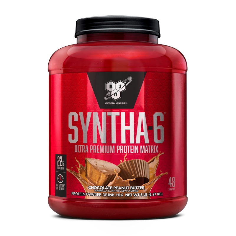 BSN Syntha-6 protein powder, chocolate peanut butter flavor, 5 lb container.