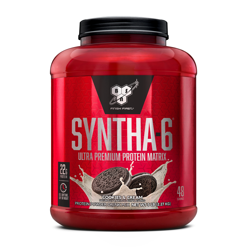 BSN Syntha-6 protein powder, 5 lb container, cookies and cream flavor.