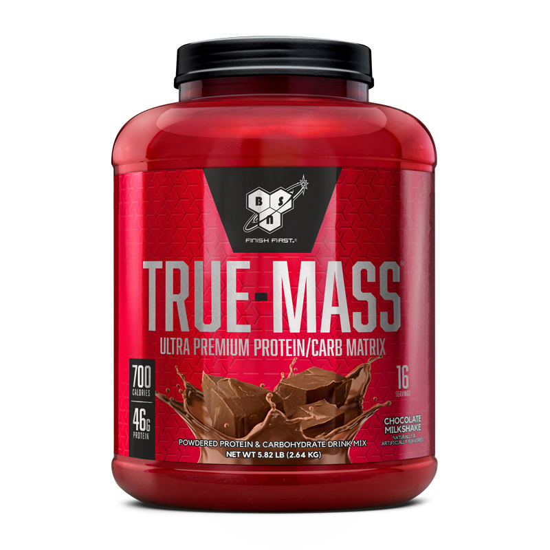 BSN True Mass protein powder, 5.82 lb container, chocolate milkshake flavor.