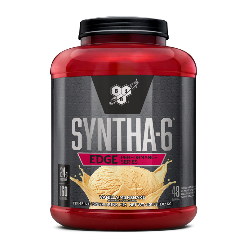 BSN Syntha-6 Edge protein powder, vanilla milkshake flavor, 1.82 kg container.