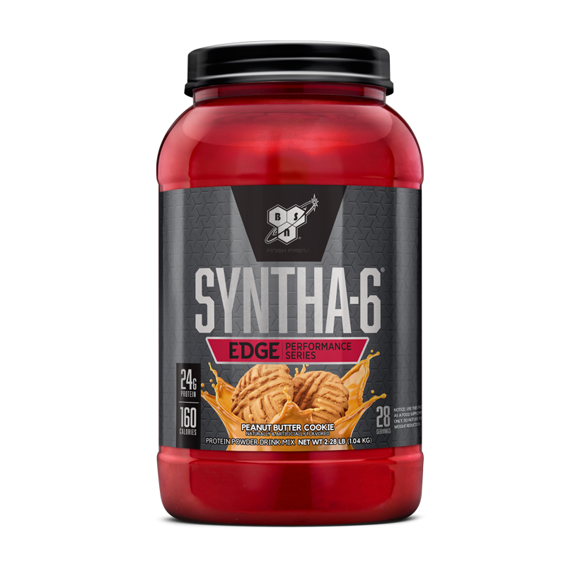 BSN Syntha-6 Edge protein powder, 2.91 lb container, peanut butter cookie flavor.