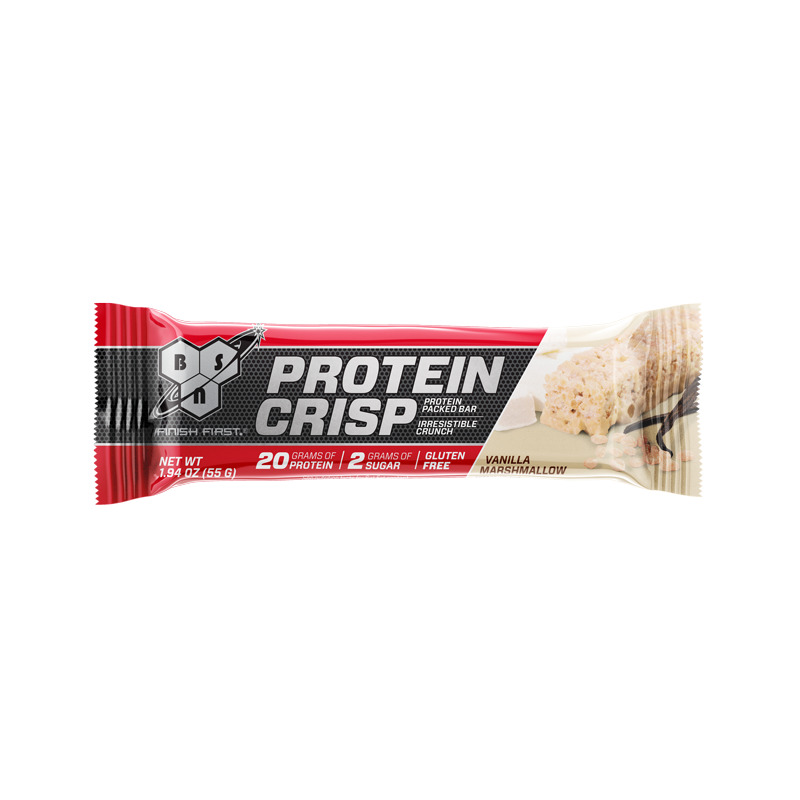 BSN Protein Crisp Bar, Vanilla Marshmallow flavor, 65g, 20g protein per bar.