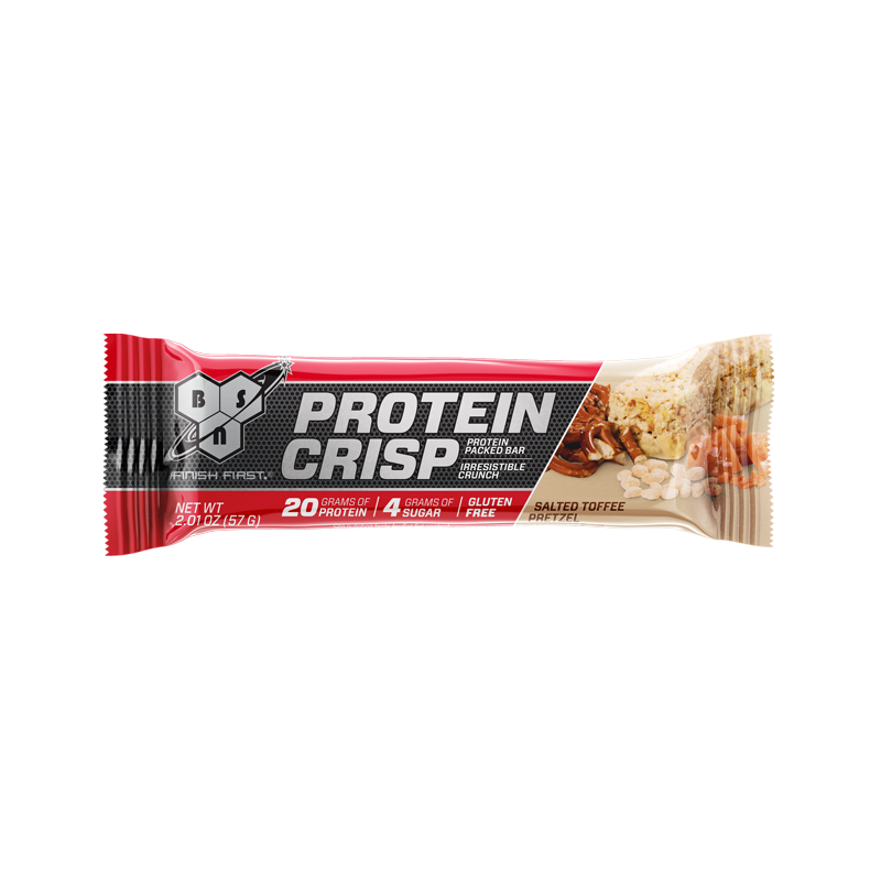 BSN Protein Crisp Bar, salted toffee pretzel flavor, 57g, 20g protein per bar.