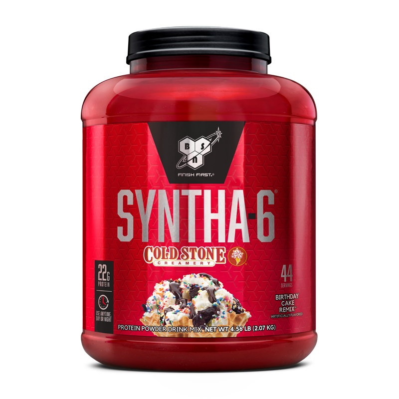 BSN Syntha-6 protein powder, 4.5 lb container, Birthday Cake Remix flavor.