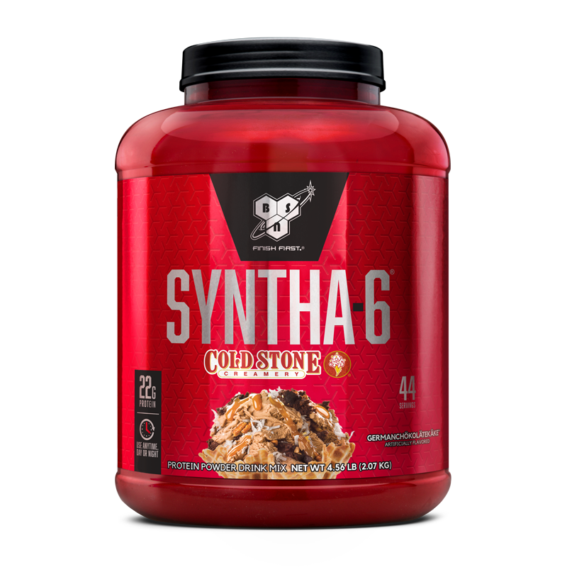 BSN Syntha-6 protein powder, Cold Stone Creamery flavor, 4.5 lb container, 44 servings.