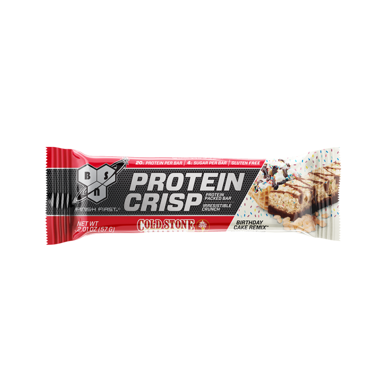 BSN Protein Crisp bar, Birthday Cake Remix flavor, 57g package.