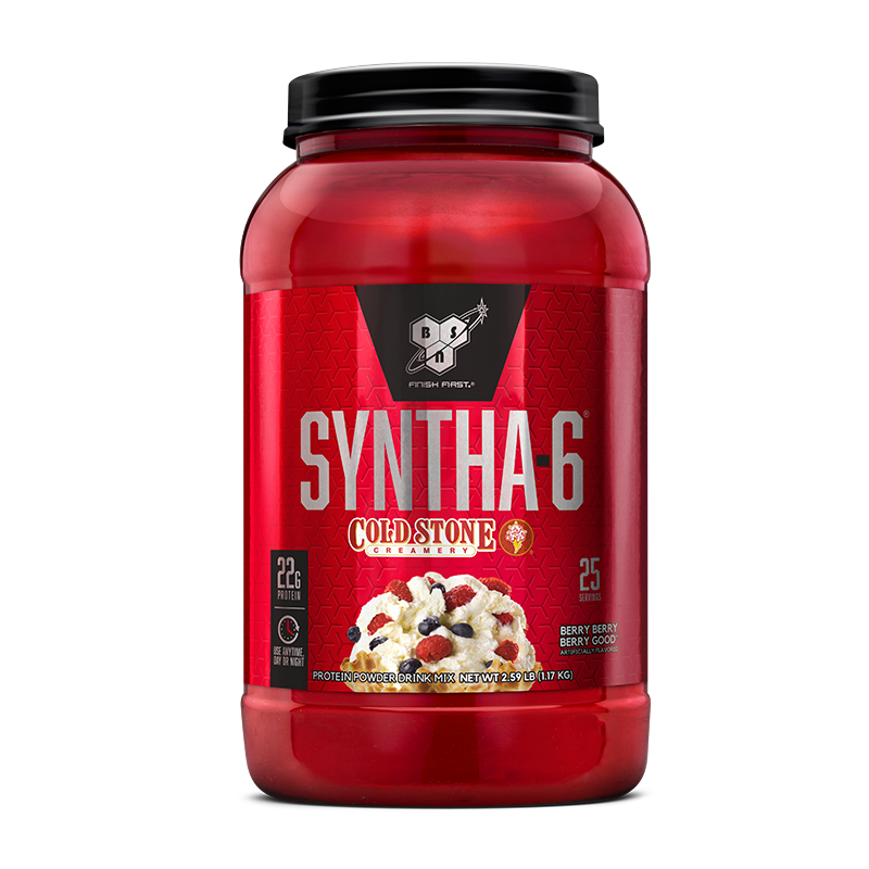 BSN Syntha-6 protein powder, Cold Stone Creamery Berry Berry Berry Good flavor, 2.27 kg container.