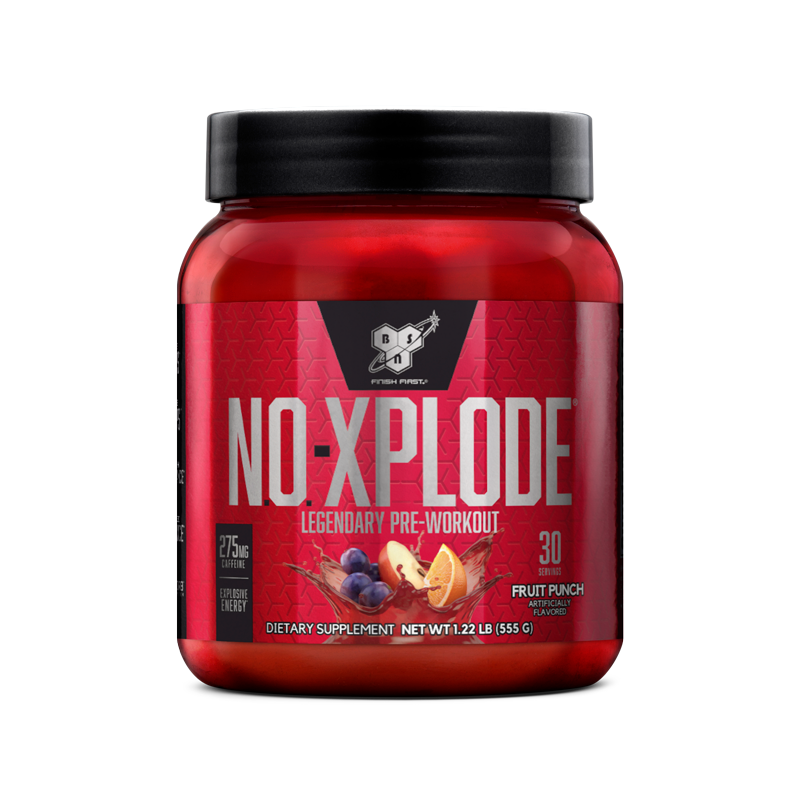 BSN NO-Xplode pre-workout supplement, fruit punch flavor, 555g container.