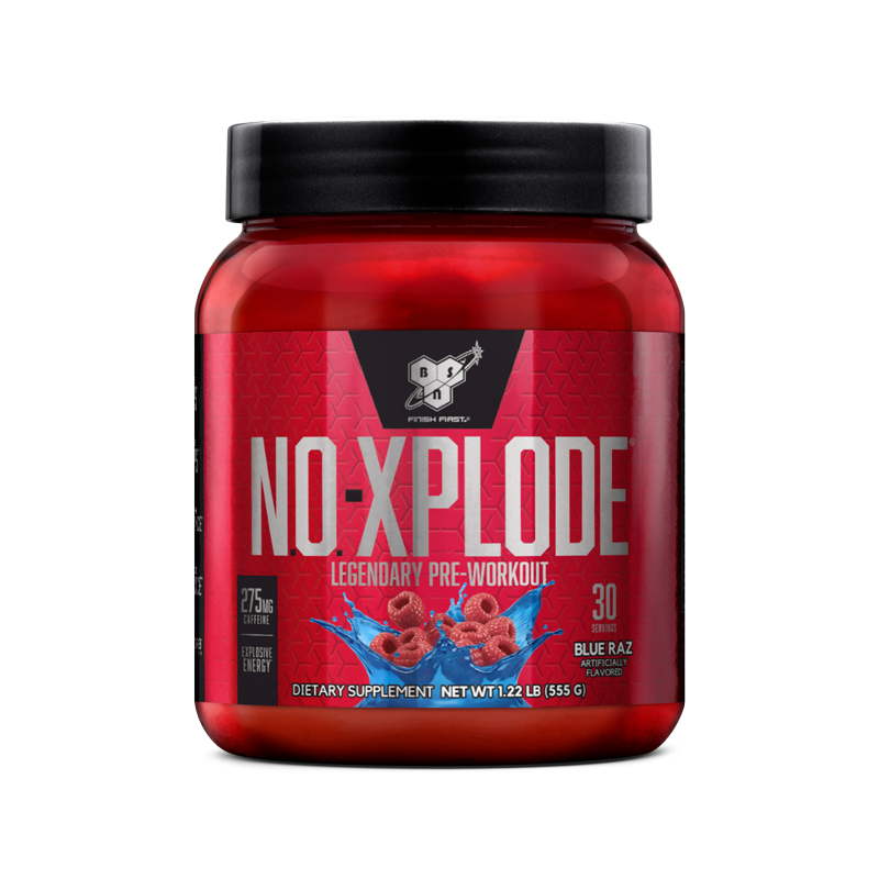 BSN NO-Xplode pre-workout supplement, 555g container, Blue Raz flavor.
