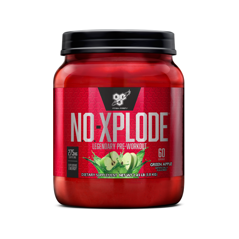 BSN NO-Xplode pre-workout supplement, 60 servings, green apple flavor, 1.11 kg container.