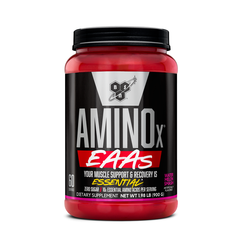 BSN Amino X EAAs supplement, 900g container, supports muscle recovery.