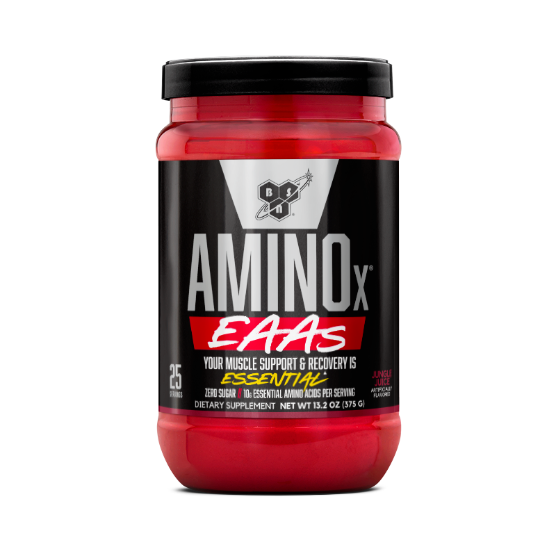 BSN Amino X EAAs supplement, 375g container, supports muscle recovery and essential amino acids intake.
