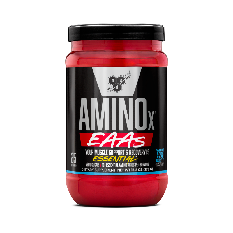 BSN Amino X EAAs supplement, 375g container, supports muscle recovery and includes essential amino acids.
