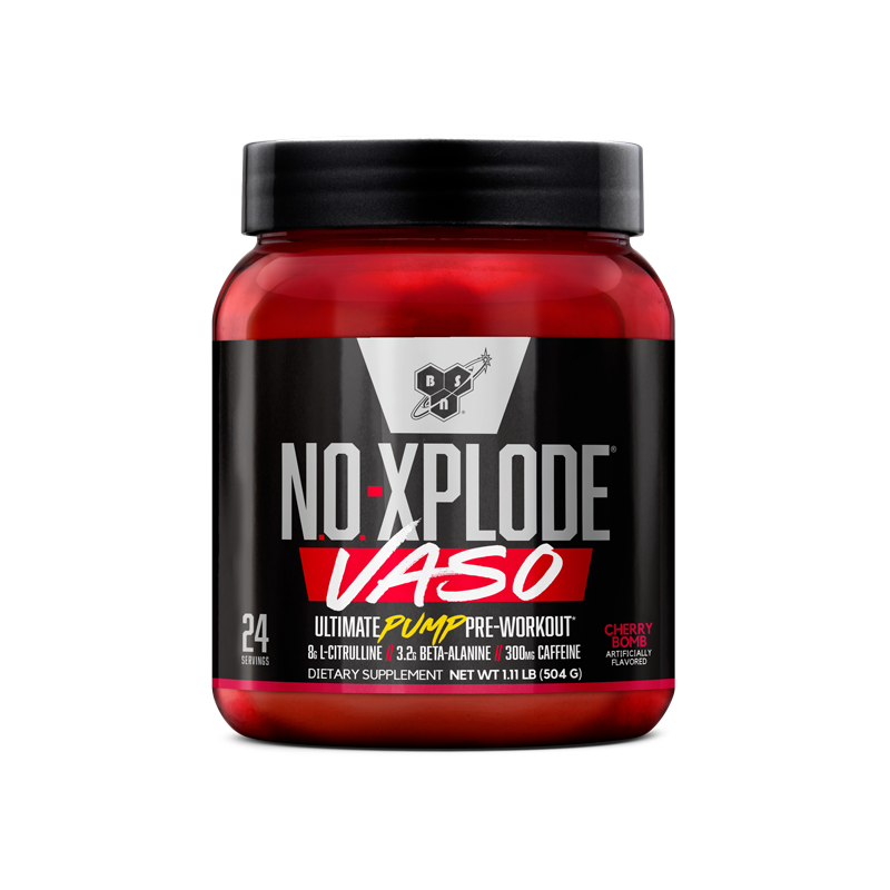 NO-Xplode Vaso pre-workout supplement, 504g container, cherry flavor.