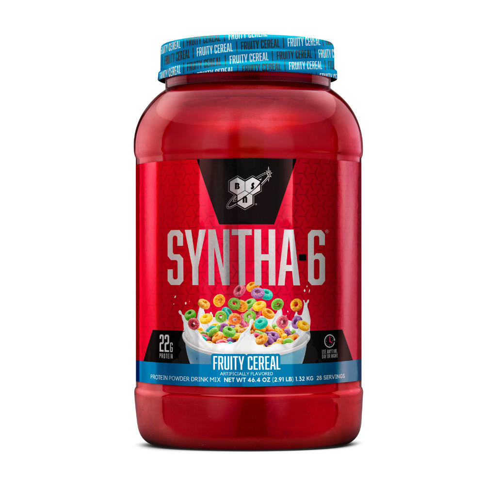 BSN Syntha-6 protein powder, fruity cereal flavor, 4.64 lb container.